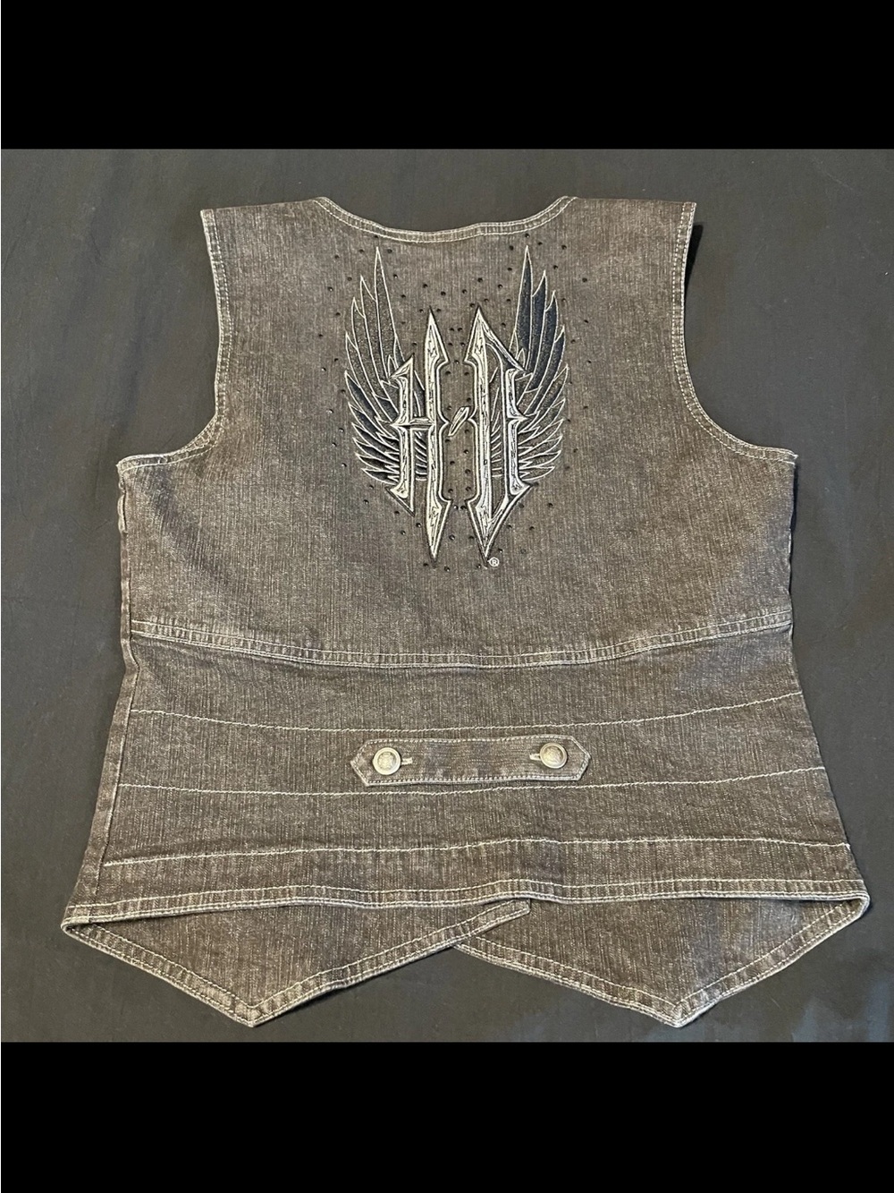 Harley Davidson L Black Denim Double Breasted Button Vest Black Stones/Gems - Picture 5 of 7